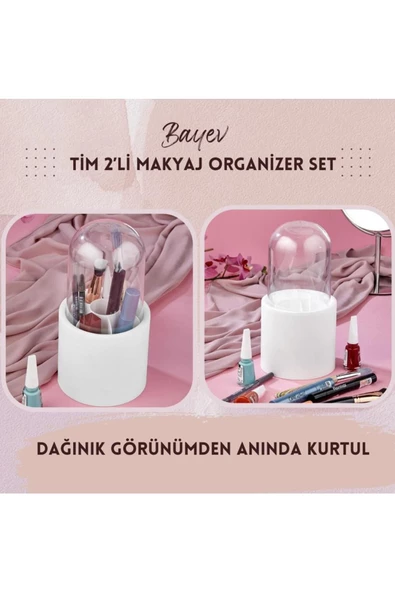 Tim 2' Lİ SET Beyaz Makyaj Fırçası Ve Kozmetik Düzenleyici Şeffaf Kapaklı Hijyenik Organizer Kutu