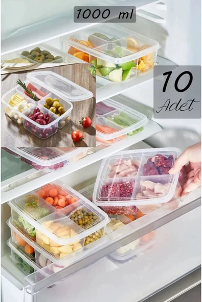 10 Adet 1 Kg Large 4 Bölmeli Öğünlük Et Sebze Saklama Kabı Buzluk Kuşbaşı Kurban Kıyma Kutusu