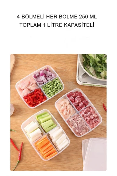 10 Adet 1 Kg Large 4 Bölmeli Öğünlük Et Sebze Saklama Kabı Buzluk Kuşbaşı Kurban Kıyma Kutusu - 4
