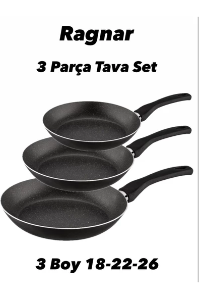 Siyah Ragnar 3 Boy Granit Tava Seti 18 - 22 - 26 Cm 3'lü Eco Kızartma Tava Set Omlet Yumurta