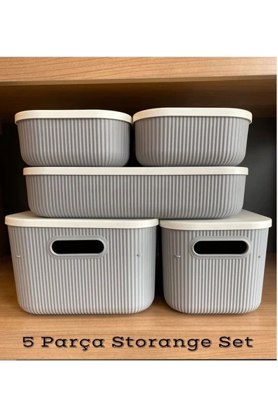 5 Parça Gri Storage Set Kapaklı  Dolap Içi Düzenleyici, Sepet, Çorap, Kıyafet Düzenleyici - 2