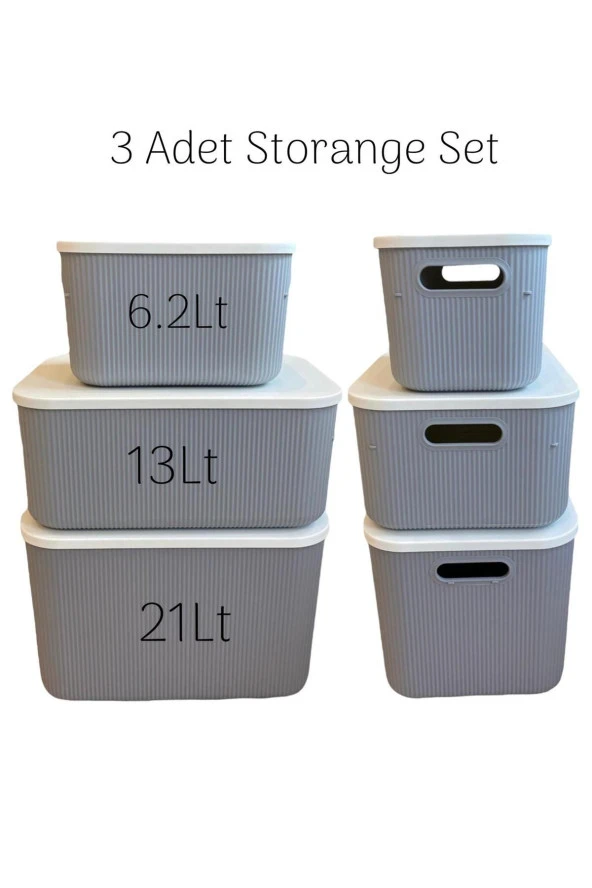 3 Boy Set Gri 6 - 13 - 21 Lt Storage Çok Amaçlı Dolap Içi Düzenleyici Saklama Kutusu