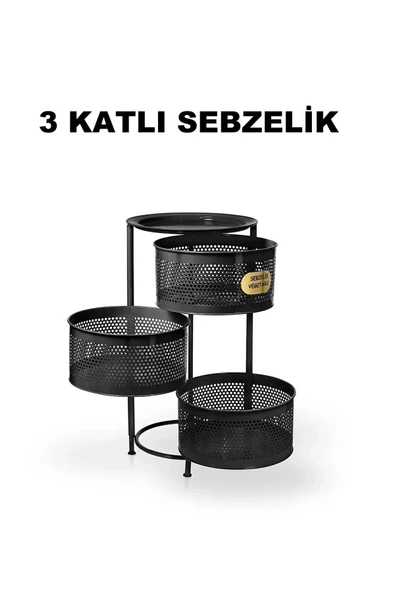 Salda 3 Bölmeli Tekerlekli Metal Sebzelik Siyah - Patates Soğan Saklama Rafı