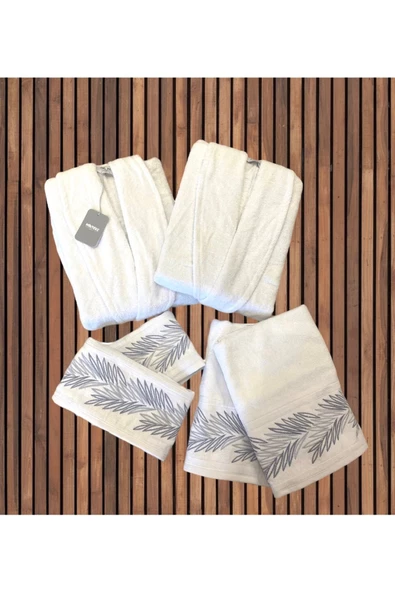 Minteks Silver Pamira Beyaz-Beyaz 6 Parça Havlulu Bornoz Seti - Aile Banyo Havlu Bornoz Seti - 2