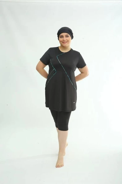 Tesmay 2514  Battal Siyah Lycralı Yarı Kapalı Havuz Mayo - Resim 2