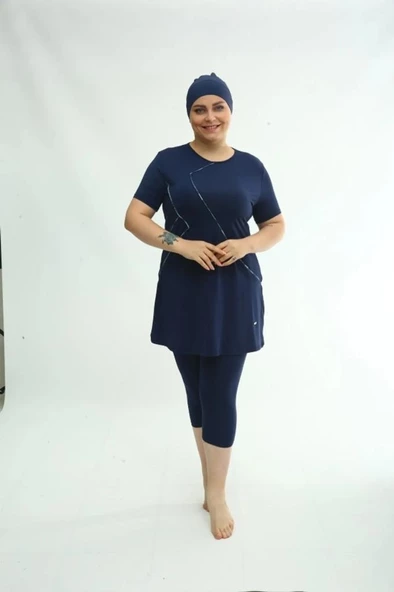 Tesmay 2514 Battal  Koyu Lacivert Lycralı Yarı Kapalı Havuz Mayo - 4