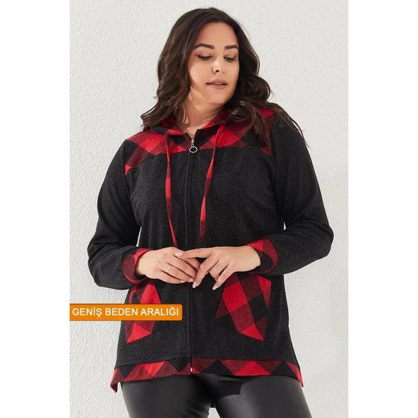 Ekose Kapüşonlu Dokuma Büyük Beden Hırka