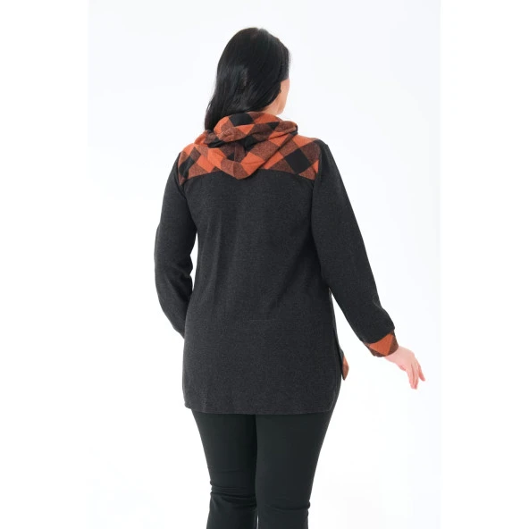 Ekose Kapüşonlu Dokuma Büyük Beden Hırka - 2