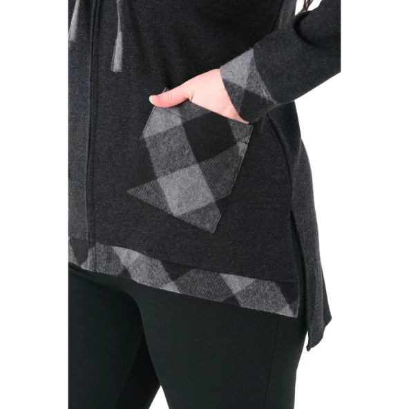 Ekose Kapüşonlu Dokuma Büyük Beden Hırka - 4