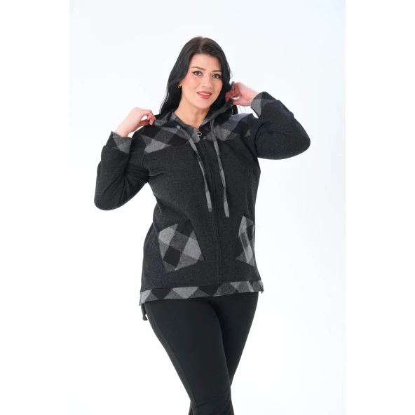 Ekose Kapüşonlu Dokuma Büyük Beden Hırka - 5