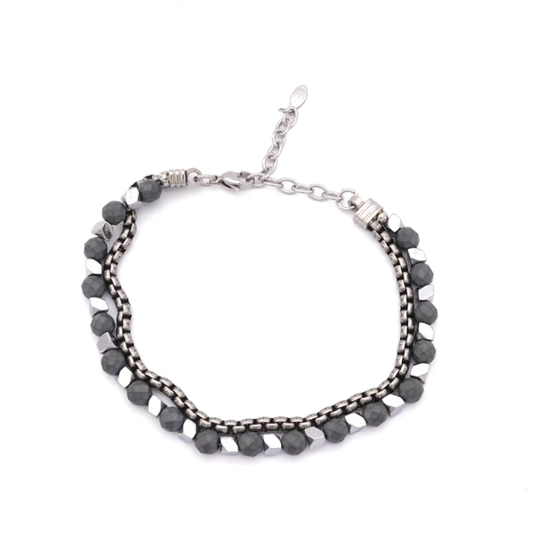 316L Erkek Çelik Bileklik Gri Hematit Taşlı Spor Zincir Bileklik EBLK-456 ürün görseli 1