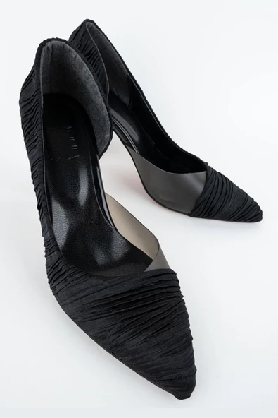 Solus Siyah Saten Pileli Stiletto Şeffaf Kadeh Topuklu Ayakkabı - Resim 4