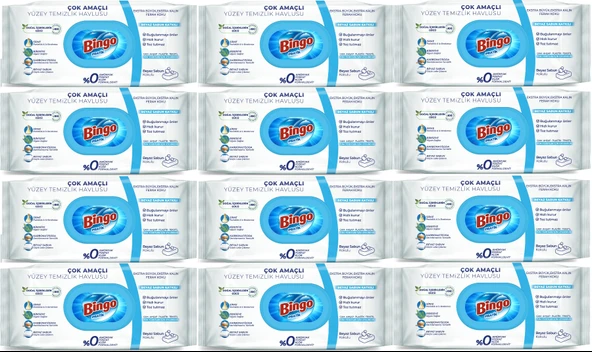 Bingo Clean Yüzey Temizlik Havlusu 96 Yaprak Beyaz Sabun Plastik Kapaklı (12 Li Set) 1152 Yaprak