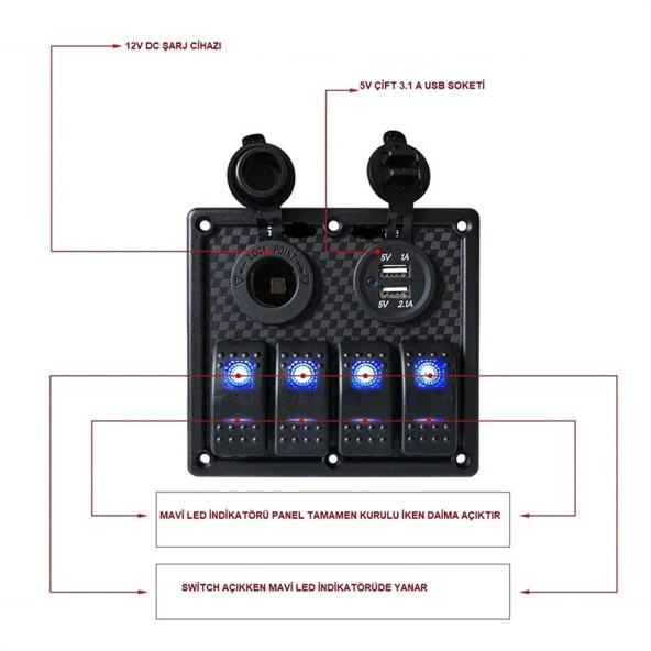 BFY Sigortalı Switch Panel USB + 12V Çakmaklık, 4 Anahtarlı - 4