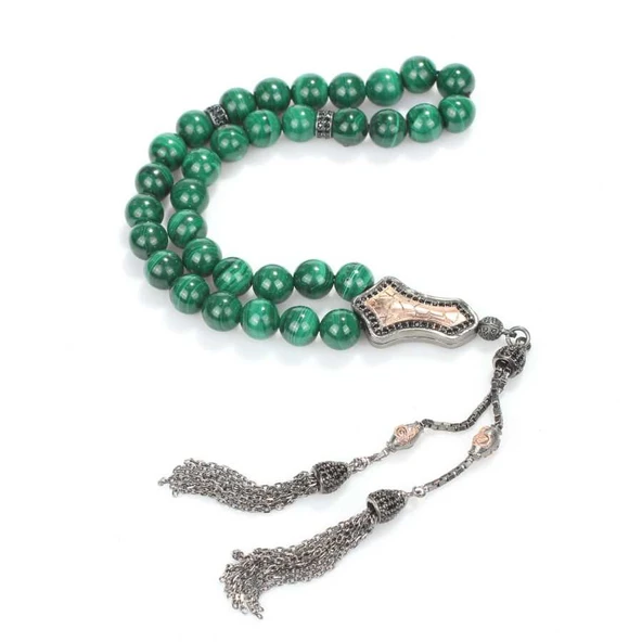 925 Ayar Gümüş Gerçek Malakit Taşlı Küre Kesim Tasarım Tesbih ürün görseli