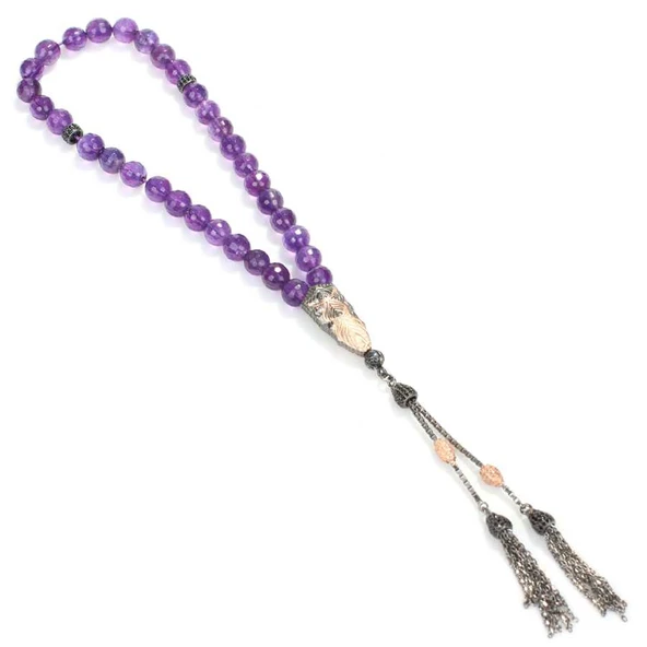 925 Ayar Gümüş Gerçek Fasetli Ametist Taşlı Küre Kesim Tasarım Tesbih - Resim 2