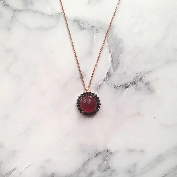 925 Ayar Gümüş Yuvarlak Yakut Renk Taşlı Kolye - Resim 2