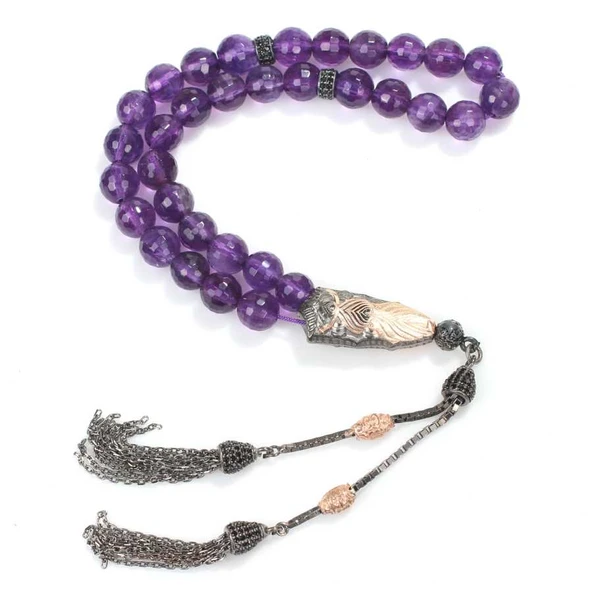 925 Ayar Gümüş Gerçek Fasetli Ametist Taşlı Küre Kesim Tasarım Tesbih ürün görseli