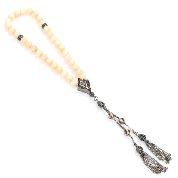 925 Ayar Gümüş Gerçek Pembe Mercan Taşlı Küre Kesim Tasarım Tesbih ürün görseli 1