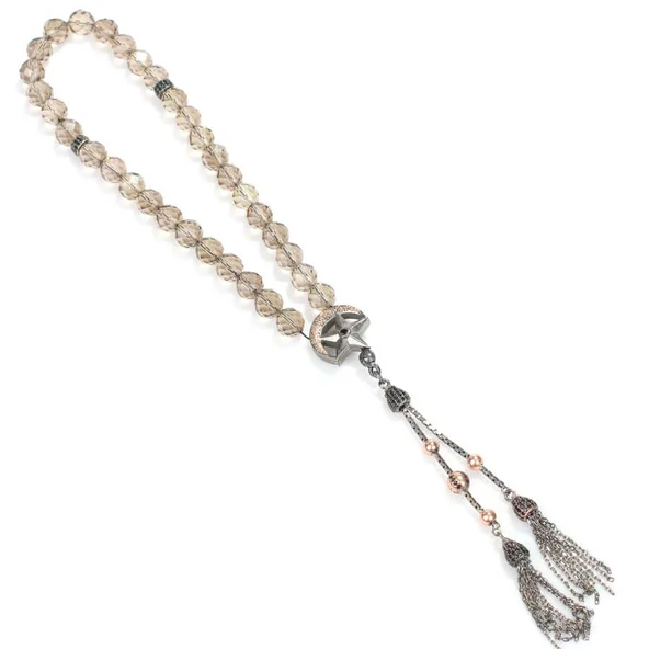 925 Ayar Gümüş Gerçek Smoky Quartz Taşlı Küre Kesim Tasarım Tesbih, Ay Yıldız Püskül ürün görseli 1