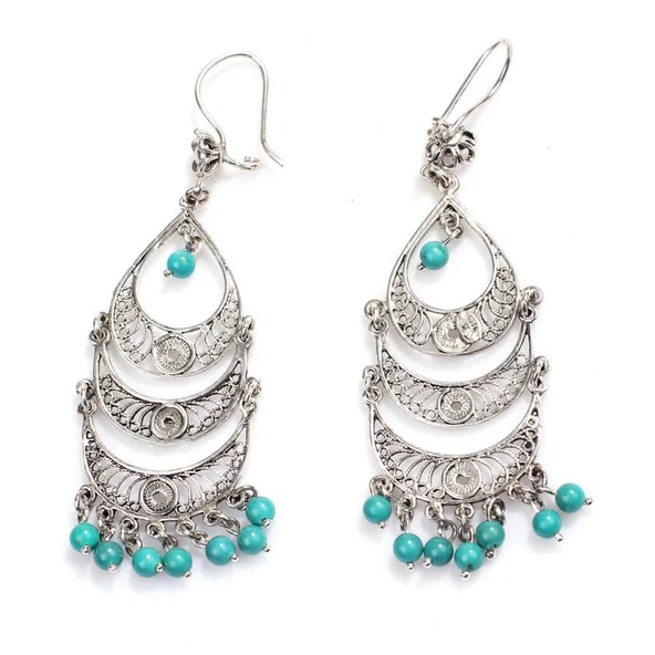 925 Ayar Gümüş Turkuaz Taşlı Sallantılı Telkari Küpe ürün görseli 1