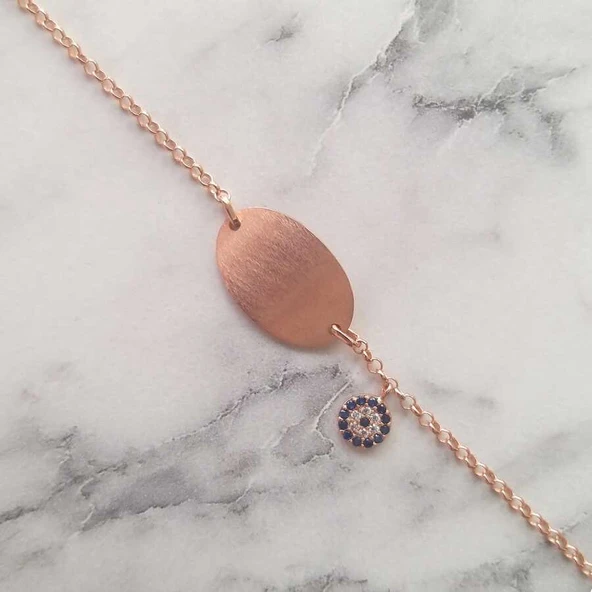 925 Ayar Gümüş Plaka & Nazar Boncuğu Bileklik - Resim 2