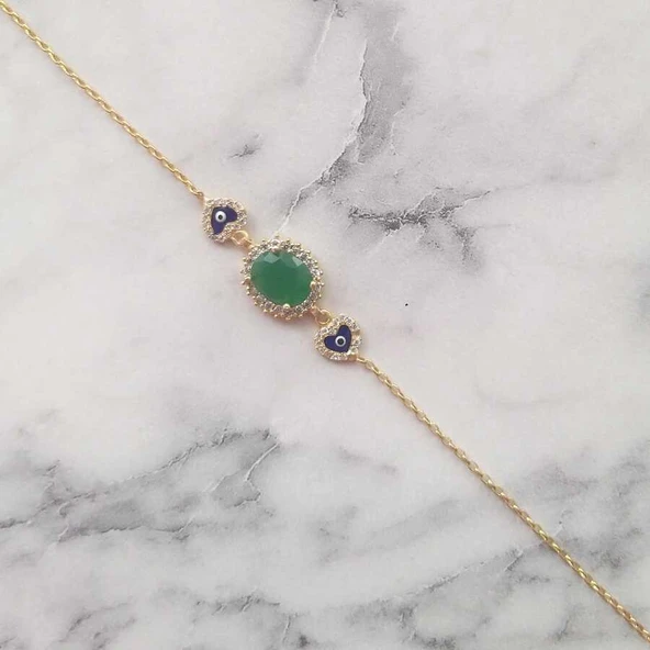 925 Ayar Gümüş Peridot Taşlı & Kalp Nazar Boncuklu Bileklik - Resim 2