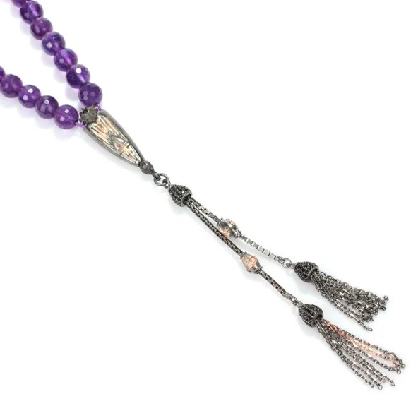 925 Ayar Gümüş Gerçek 0,8 cm Fasetli Ametist Taşlı Küre Kesim Tasarım Tesbih - Resim 3