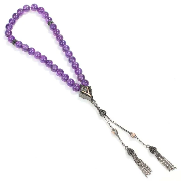 925 Ayar Gümüş Gerçek 0,8 cm Ametist Taşlı Küre Kesim Tasarım Tesbih ürün görseli 1