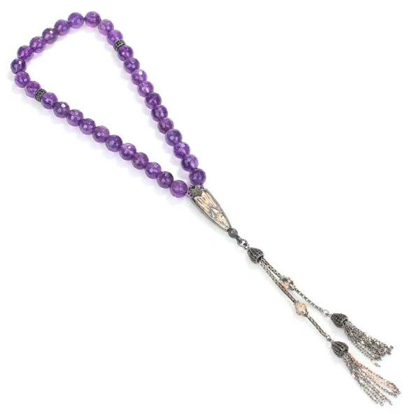 925 Ayar Gümüş Gerçek 0,8 cm Fasetli Ametist Taşlı Küre Kesim Tasarım Tesbih ürün görseli 1