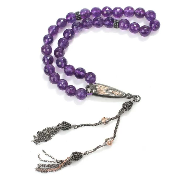 925 Ayar Gümüş Gerçek 0,8 cm Fasetli Ametist Taşlı Küre Kesim Tasarım Tesbih - Resim 2