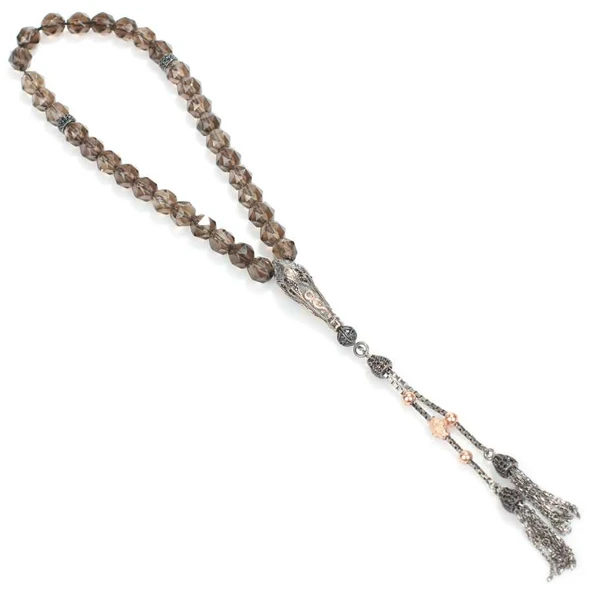 925 Ayar Gümüş Gerçek Smoky Quartz Taşlı Tasarım Tesbih - Resim 3