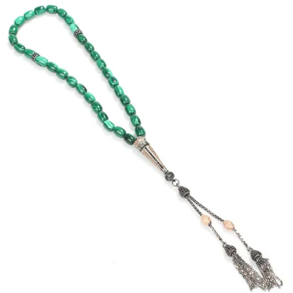 925 Ayar Gümüş Gerçek Malakit Taşlı Tasarım Tesbih ürün görseli 1