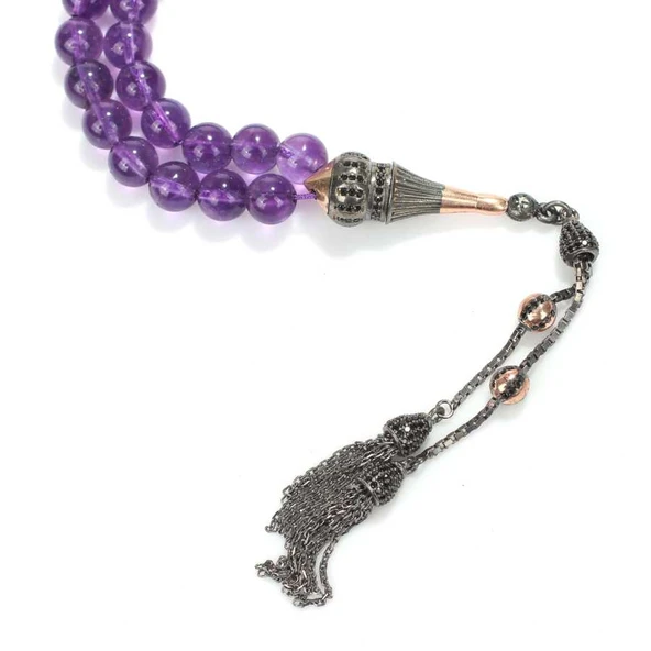 925 Ayar Gümüş Gerçek Ametist Taşlı Küre Kesim Tasarım Tesbih - Resim 3