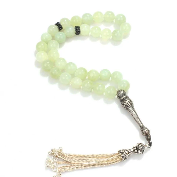 925 Ayar Gümüş Küre Kesim Yeşim Taşlı Tesbih - Resim 2