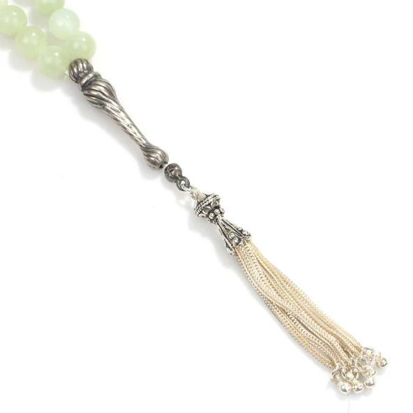 925 Ayar Gümüş Küre Kesim Yeşim Taşlı Tesbih - Resim 3