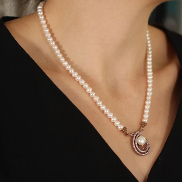 Gümüş İnci Kolye, Pembe - Resim 4