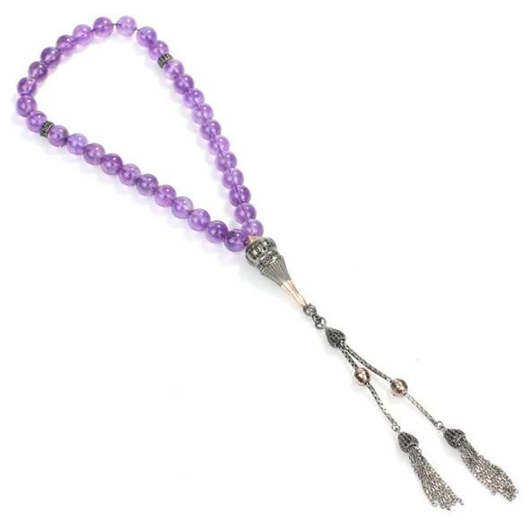 925 Ayar Gümüş Gerçek Ametist Taşlı Küre Kesim Tasarım Tesbih ürün görseli 1