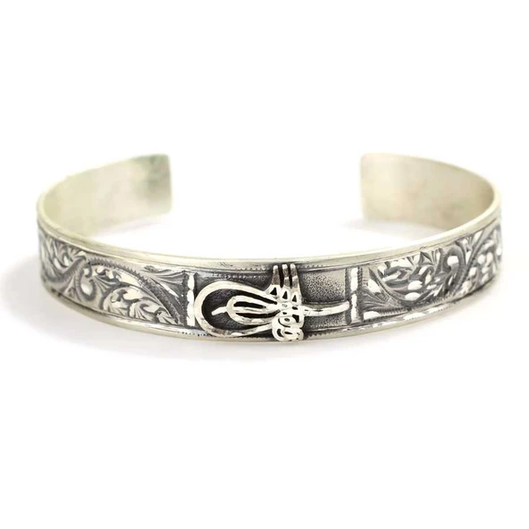 925 Ayar Gümüş El Kalemi İşlemeli Tuğralı Bilezik ürün görseli