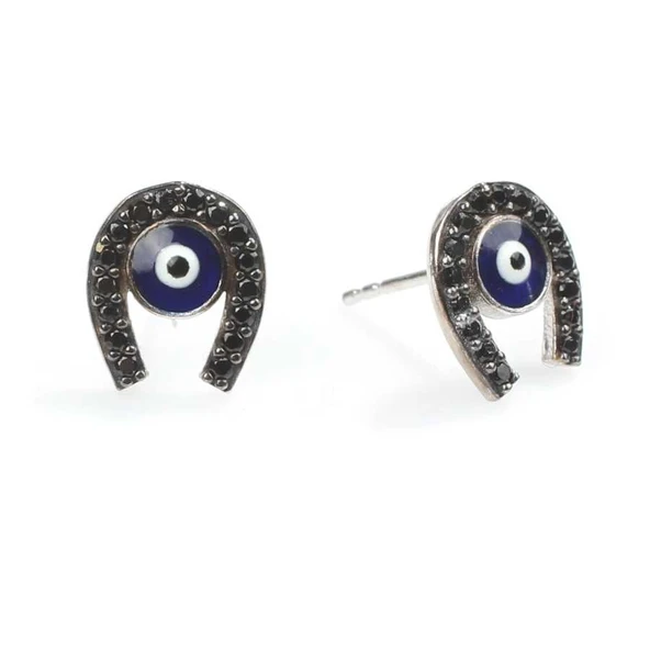 925 Ayar Gümüş Nazar Boncuklu Mavi Mineli At Nalı Küpe, Beyaz Taşlı ürün görseli 1