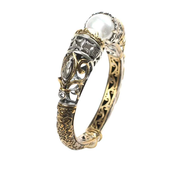 925 Ayar Gümüş Konstantinapol Tasarım İncili Bilezik - Resim 5