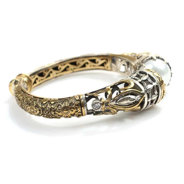 925 Ayar Gümüş Konstantinapol Tasarım İncili Bilezik - Resim 2