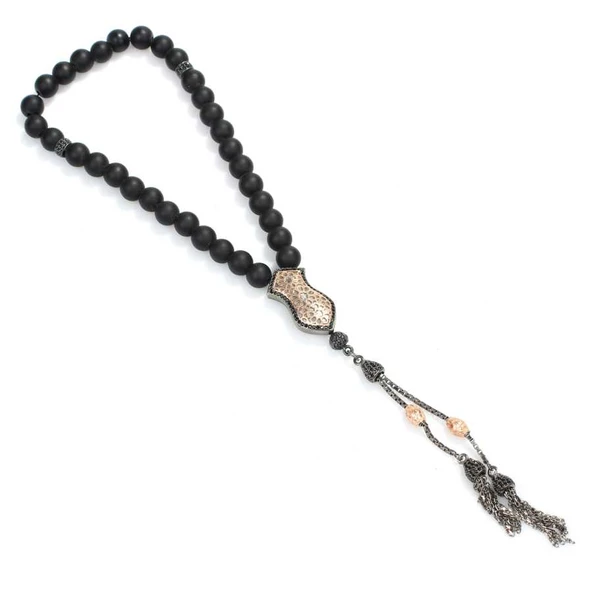 925 Ayar Gümüş Gerçek Lav Taşlı Küre Kesim Tasarım Tesbih - Resim 2