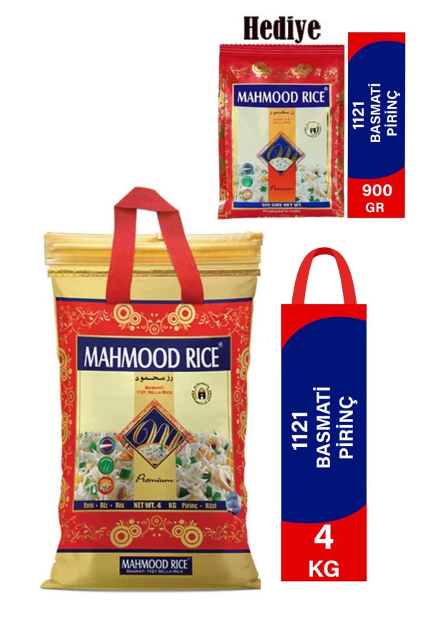 MAHMOOD RICE 1121 Basmati Pirinç 4 Kg 1121 Basmati Pirinç 900 Gr Hediye