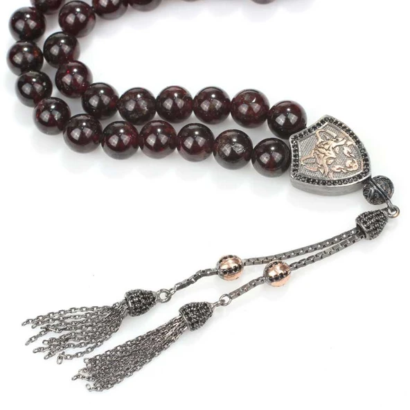 925 Ayar Gümüş Garnet Doğaltaşlı Küre Kesim Tasarım Tesbih - Resim 2