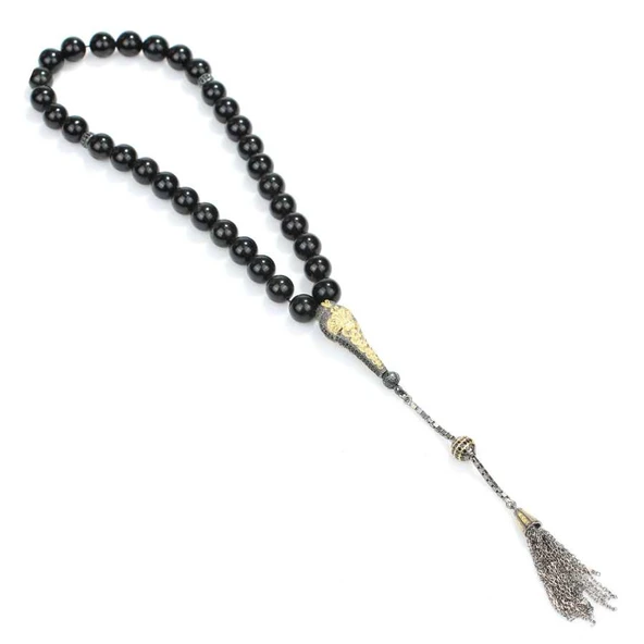 925 Ayar Gümüş Gerçek Oniks Taşlı Küre Kesim Tasarım Tesbih - Resim 3