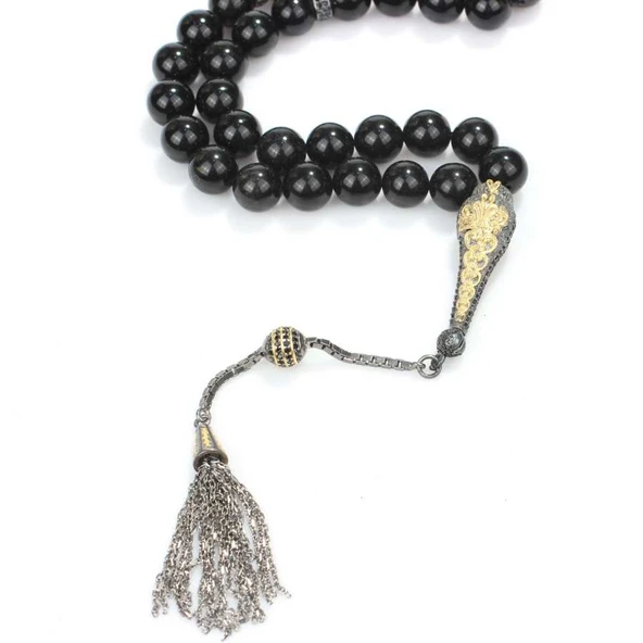 925 Ayar Gümüş Gerçek Oniks Taşlı Küre Kesim Tasarım Tesbih - Resim 2