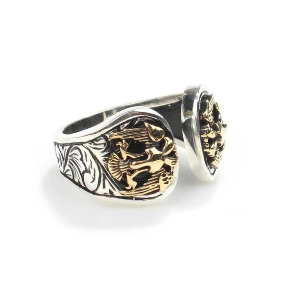 925 Ayar Gümüş Çift Başlı Kartal Modeli Erkek Yüzük - Resim 2