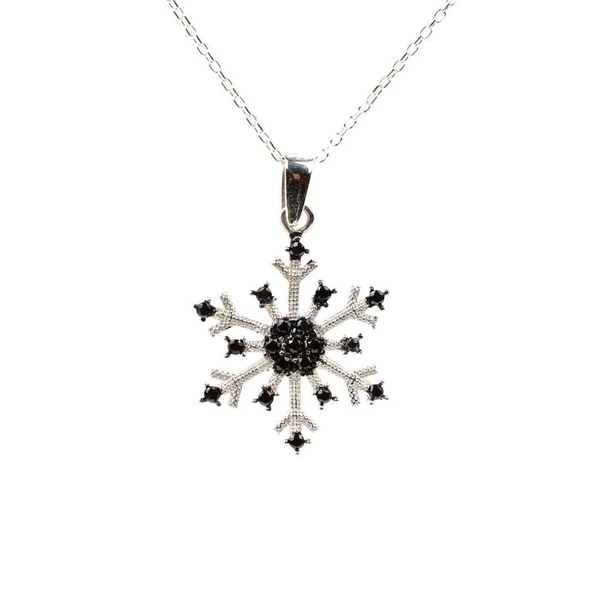 925 Ayar Gümüş Siyah Taşlı Tasarım Kar Tanesi Kolye ürün görseli