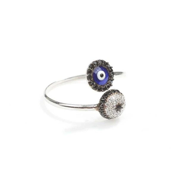 925 Ayar Gümüş Siyah Beyaz Renkli Taşlı Nazar Boncuklu Yüzük - Resim 4